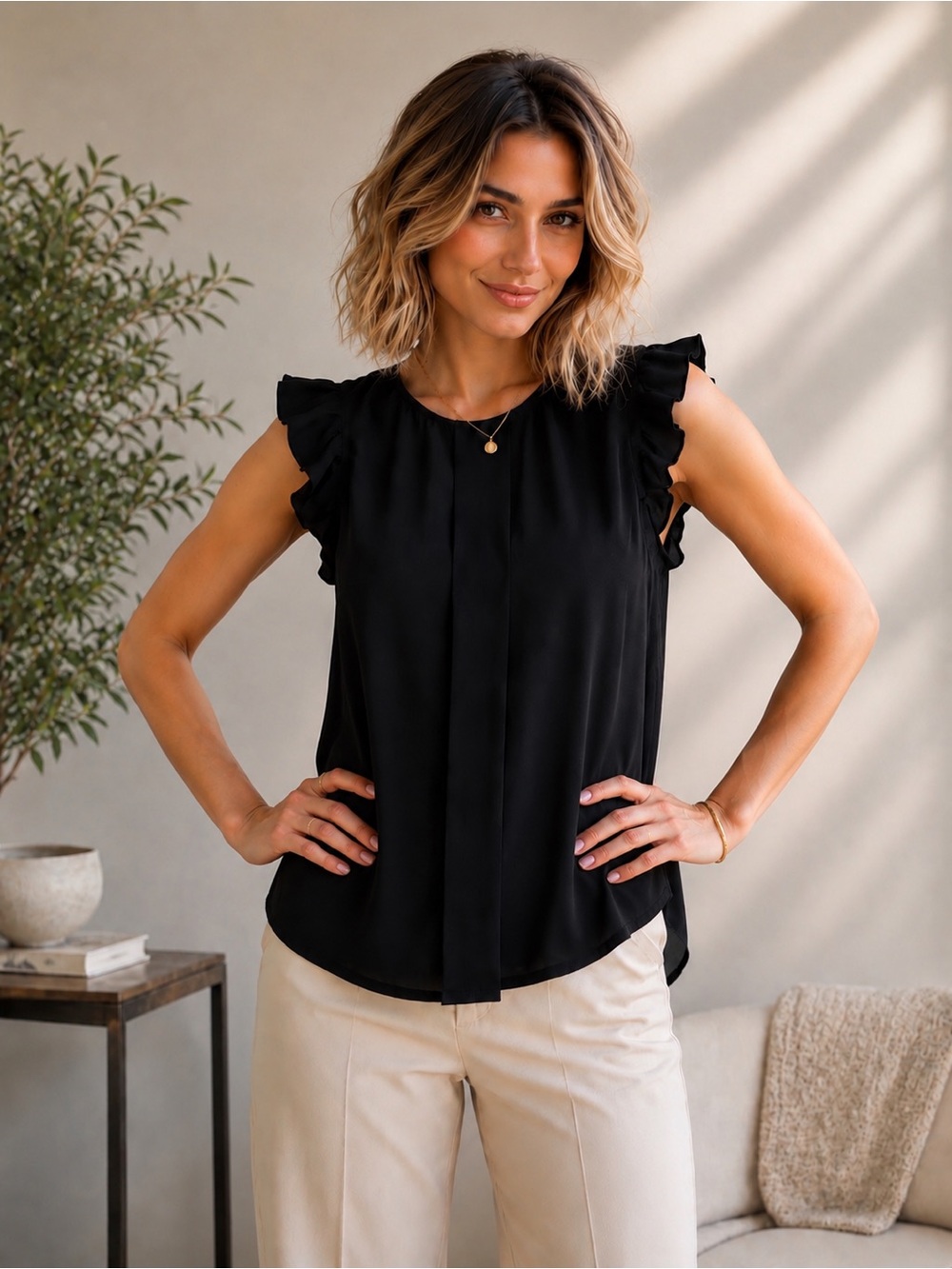 Banana Republic Black Pleated Flutter Sleeve Blouse – Size Large